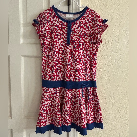 Hanna Andersson Cotton Dress 4 Girls 130 Red White Blue Patriotic Floral July 4 - Picture 1 of 5